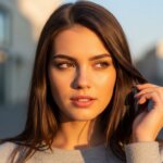 Young woman with long brown hair touching her hair, looking to the side in soft golden sunlight outdoors