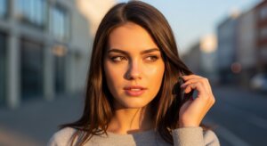 Young woman with long brown hair touching her hair, looking to the side in soft golden sunlight outdoors