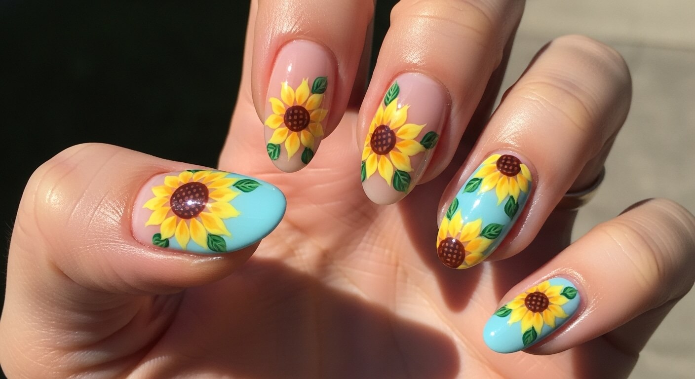 Hand with sunflower nail art on blue and nude polish background
