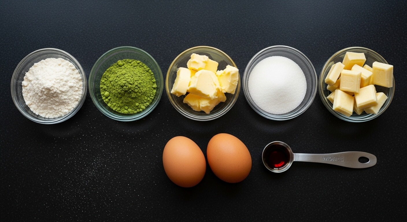 Bowls of flour, matcha powder, butter, sugar, white chocolate chunks, two eggs, and a teaspoon of vanilla extract on a black surface.