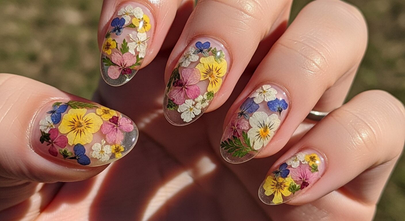 Clear nails with embedded colorful pressed flowers in yellow, pink, blue, and white on a hand outdoors