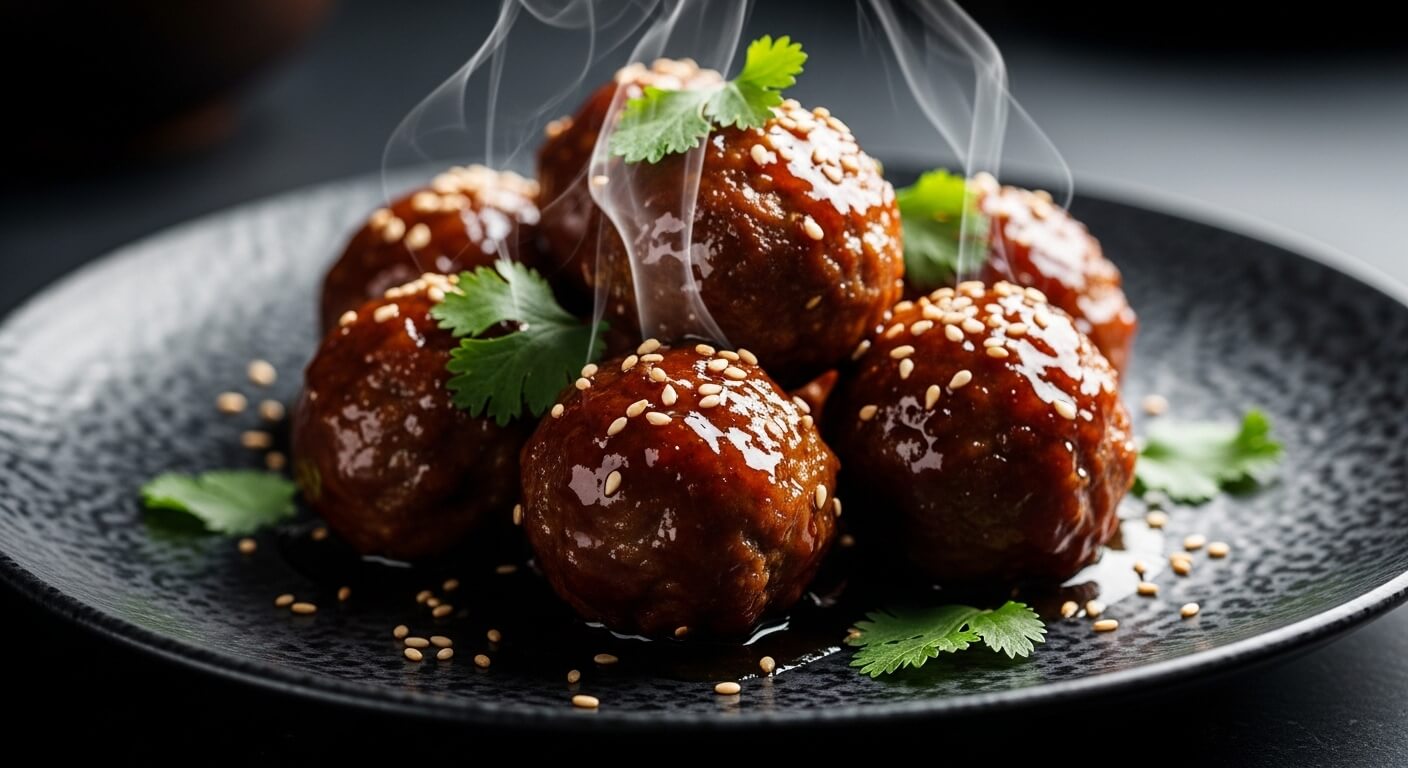 Steaming glazed meatballs garnished with sesame seeds and cilantro on a black plate