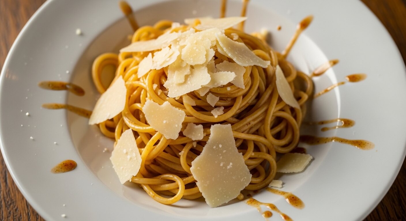 Spaghetti pasta topped with shaved Parmesan cheese and drizzled with balsamic glaze on a white plate