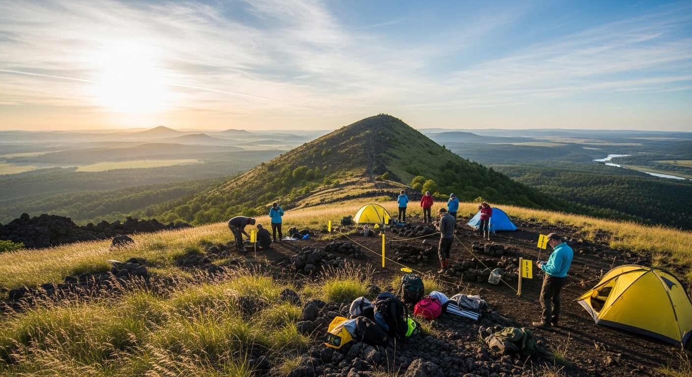 Archaeologists excavating a site on a grassy hilltop with yellow and blue tents and a scenic mountain and river view at sunrise.
