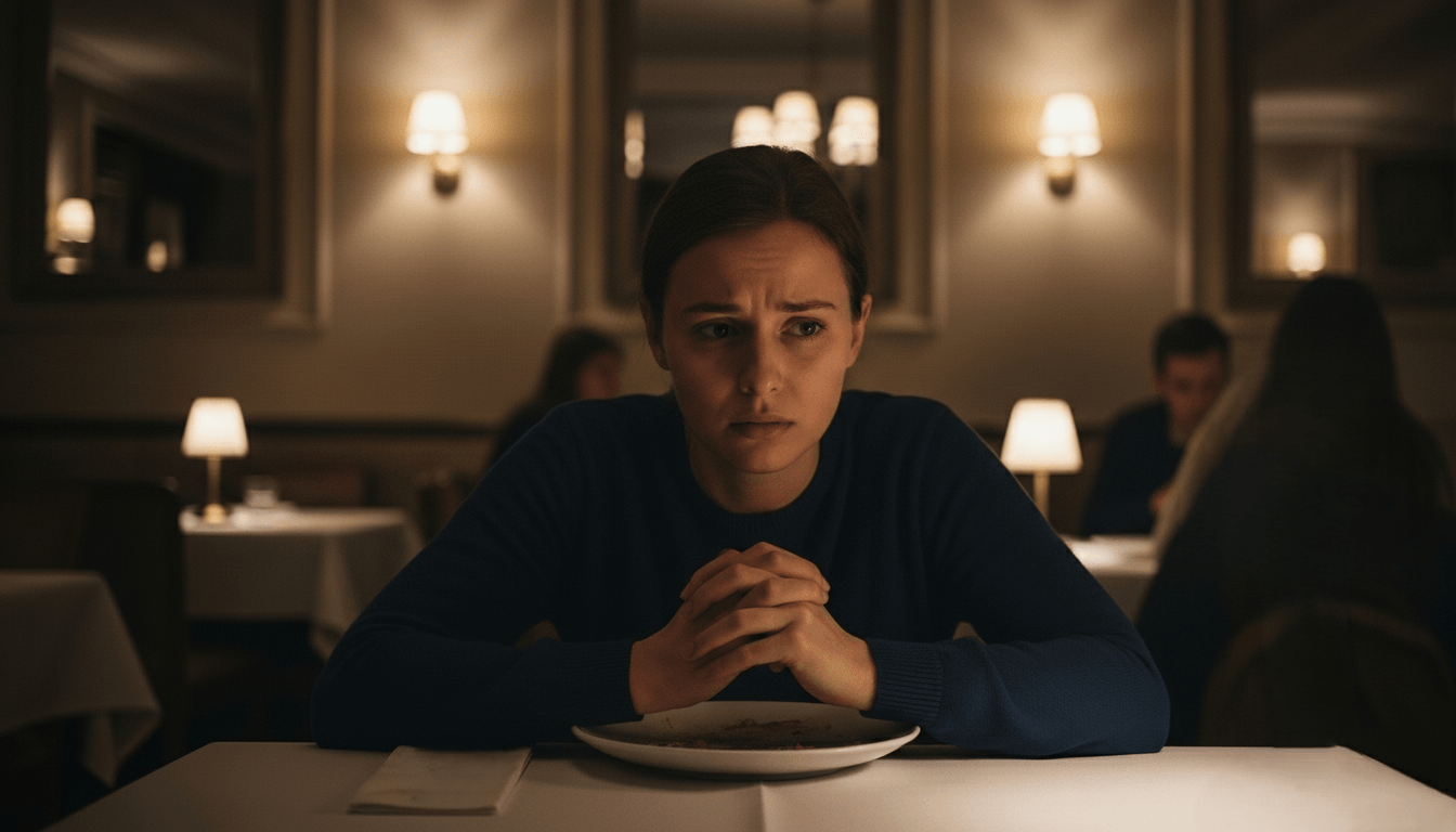 Worried woman in a dark blue sweater sitting alone at a restaurant table with an empty plate.