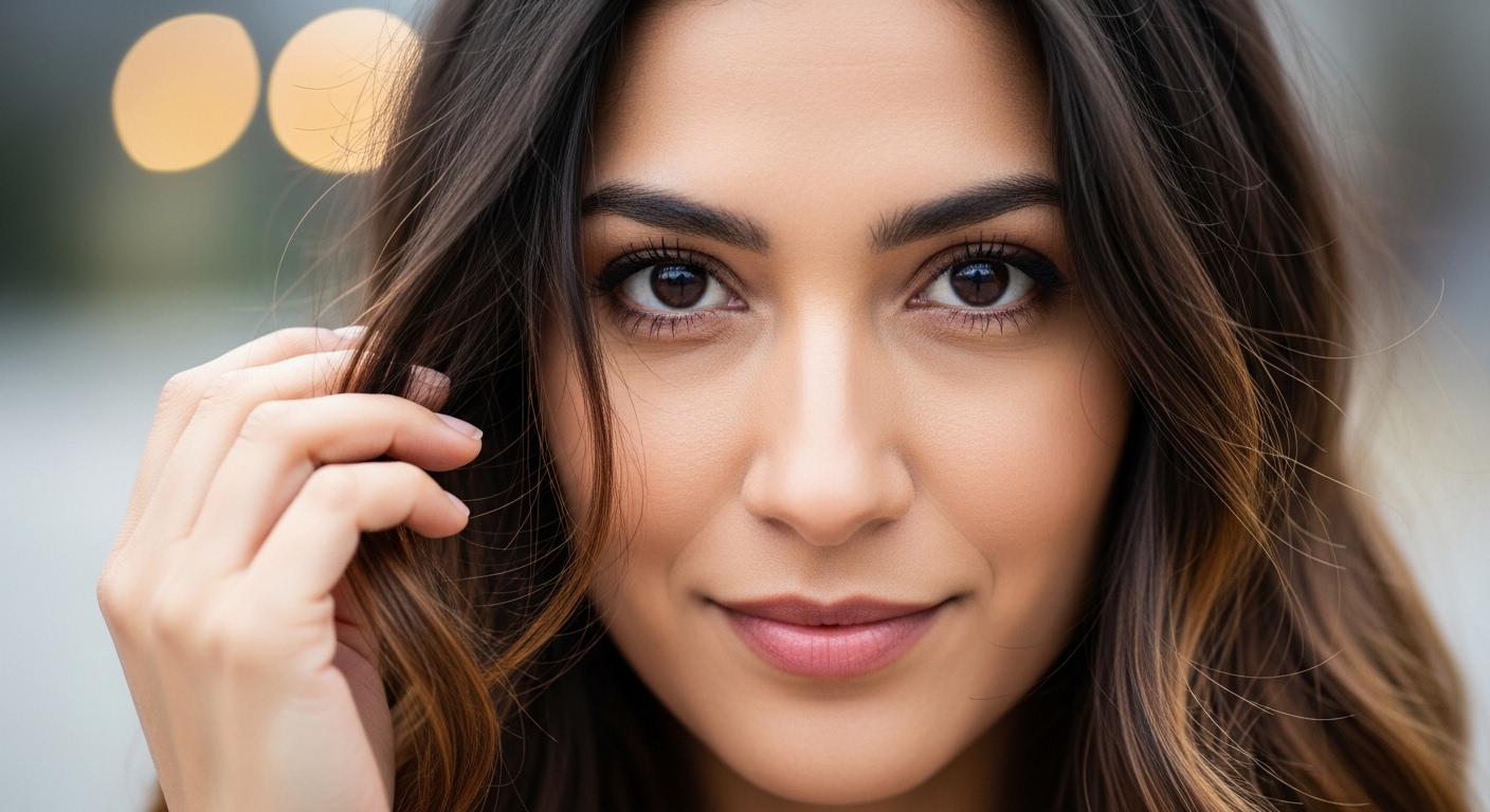 Close-up of a woman with brown eyes and wavy brown hair touching her hair and smiling softly.