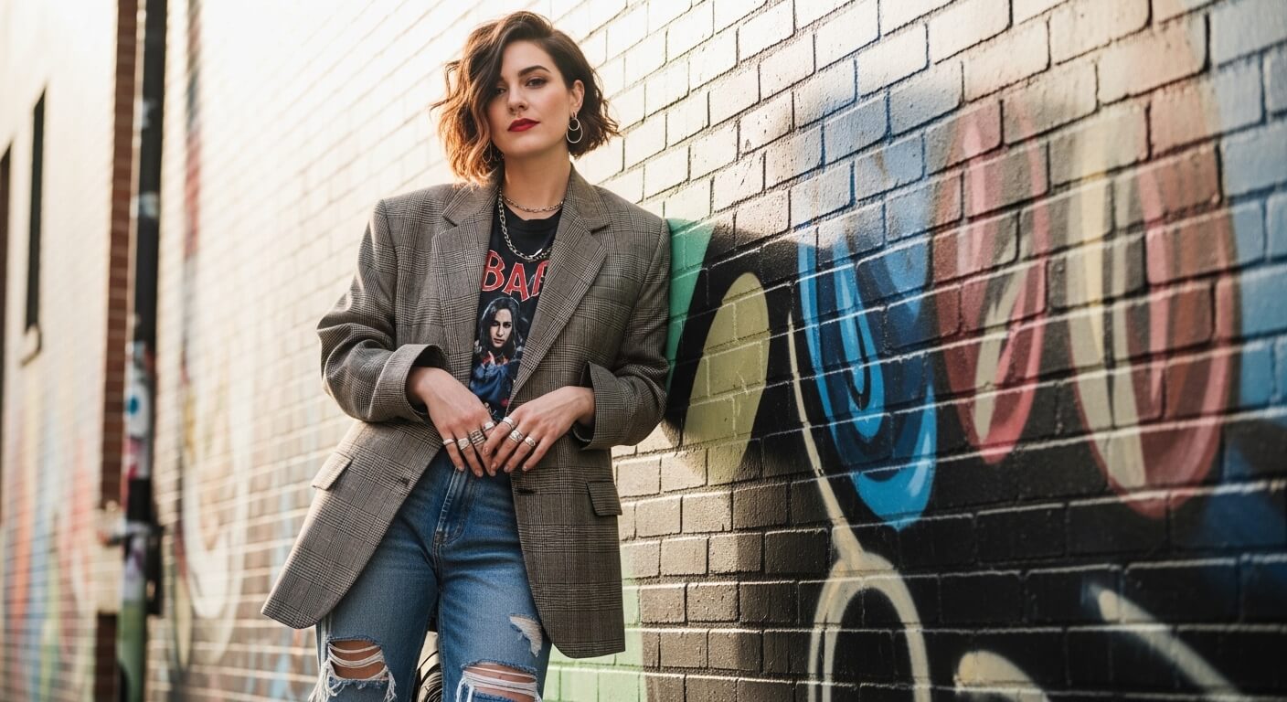 Woman with short wavy hair wearing a plaid blazer and ripped jeans leaning against a graffiti-covered brick wall.