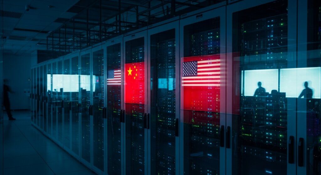 Server racks with illuminated Chinese and American flags reflected on glass in a data center with people working inside