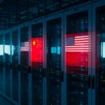 Server racks with illuminated Chinese and American flags reflected on glass in a data center with people working inside
