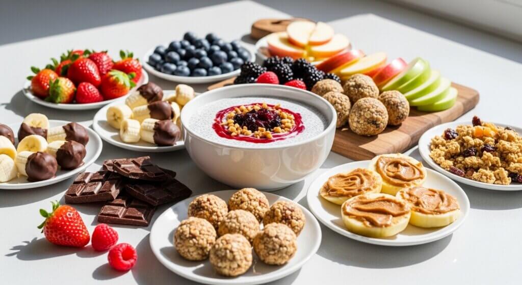 Plates of assorted fresh fruit, chocolate, granola, energy balls, and a bowl of chia pudding with berry topping on a white table.