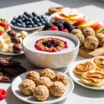 Plates of assorted fresh fruit, chocolate, granola, energy balls, and a bowl of chia pudding with berry topping on a white table.