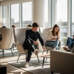 People sitting in a modern lounge area using smartphones and tablets near large windows with city views.