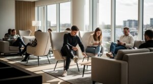 People sitting in a modern lounge area using smartphones and tablets near large windows with city views.
