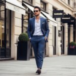 Man in blue suit and sunglasses walking on a city sidewalk near shops with black planters and awnings