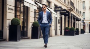 Man in blue suit and sunglasses walking on a city sidewalk near shops with black planters and awnings