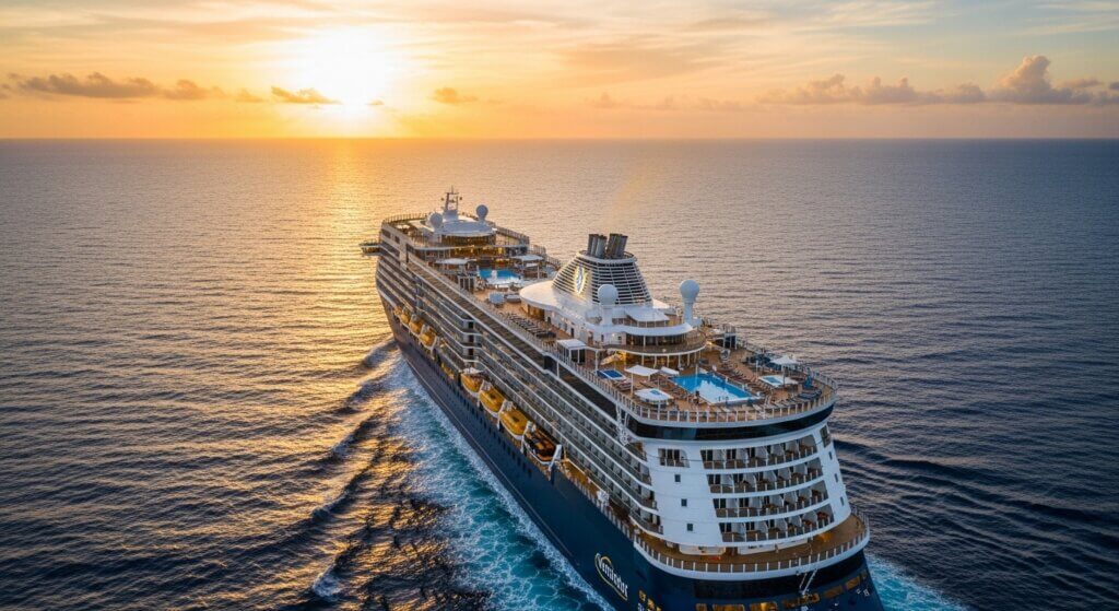 Cruise ship sailing on calm ocean at sunset with pools and decks visible on top.