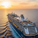 Cruise ship sailing on calm ocean at sunset with pools and decks visible on top.