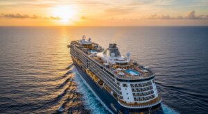 Cruise ship sailing on calm ocean at sunset with pools and decks visible on top.