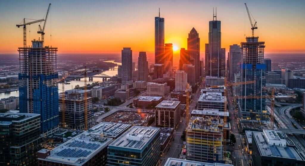 Sunset over downtown Dallas skyline with construction cranes and the Trinity River in the background.