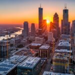 Sunset over downtown Dallas skyline with construction cranes and the Trinity River in the background.