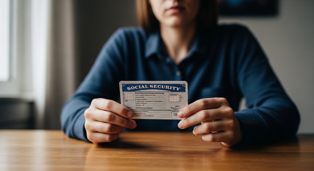 Person holding a Social Security card over a wooden table with a blurred background.