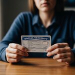Person holding a Social Security card over a wooden table with a blurred background.