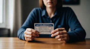 Person holding a Social Security card over a wooden table with a blurred background.
