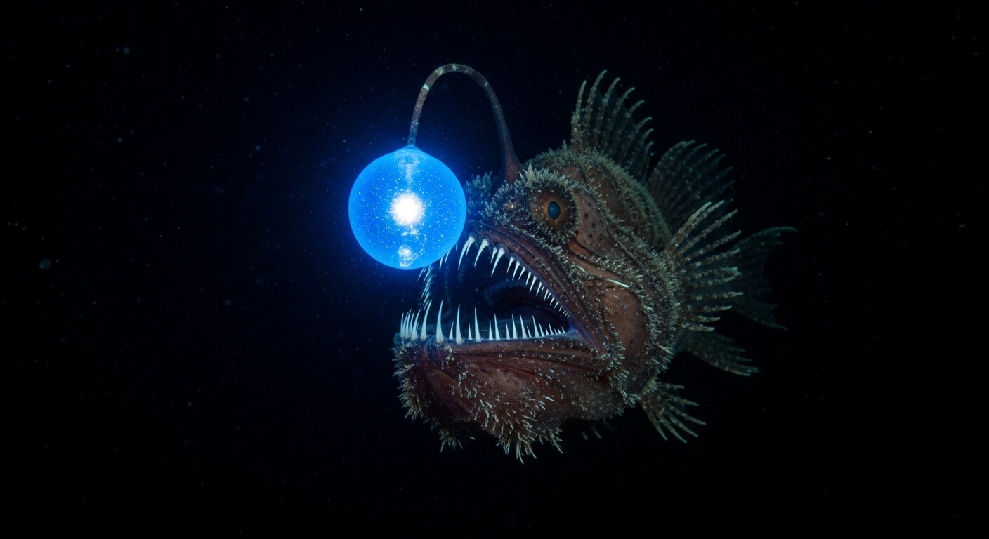 Deep-sea anglerfish with bioluminescent lure glowing in dark ocean water