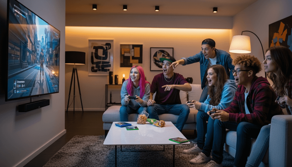 Group of six diverse young people playing video games together in a living room with snacks on the table.