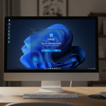 Desktop computer displaying Windows 11 setup screen prompting to sign in with Microsoft on a wooden desk with keyboard and mouse.