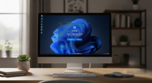 Desktop computer displaying Windows 11 setup screen prompting to sign in with Microsoft on a wooden desk with keyboard and mouse.