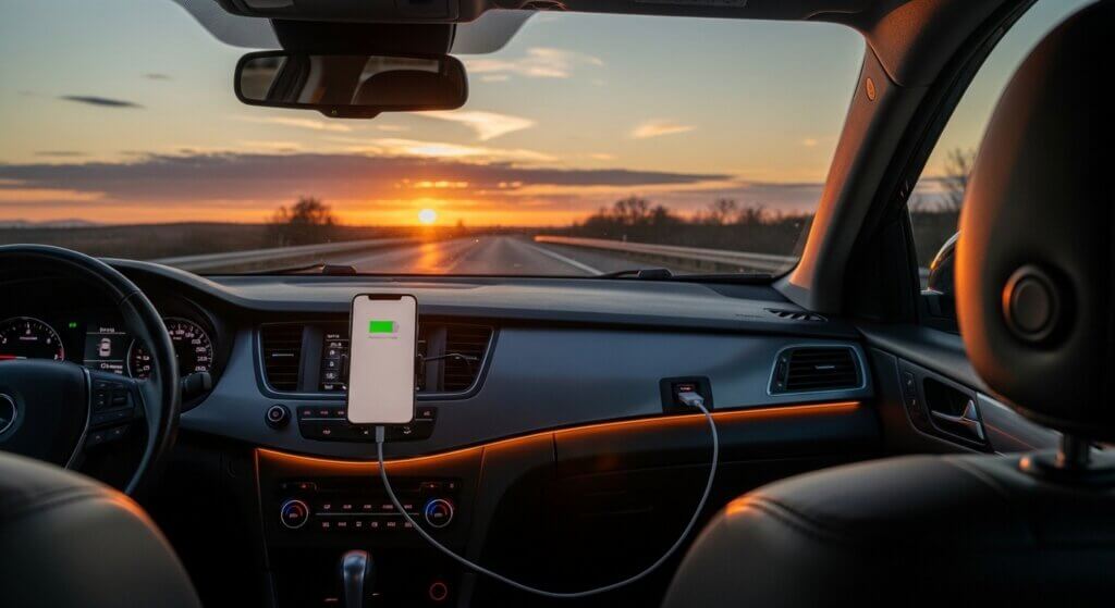 Car interior at sunset with a smartphone charging on the dashboard and a road ahead visible through the windshield
