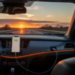 Car interior at sunset with a smartphone charging on the dashboard and a road ahead visible through the windshield