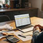 Person working on a laptop with financial spreadsheets, surrounded by receipts and a calculator on a wooden table.