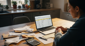 Person working on a laptop with financial spreadsheets, surrounded by receipts and a calculator on a wooden table.