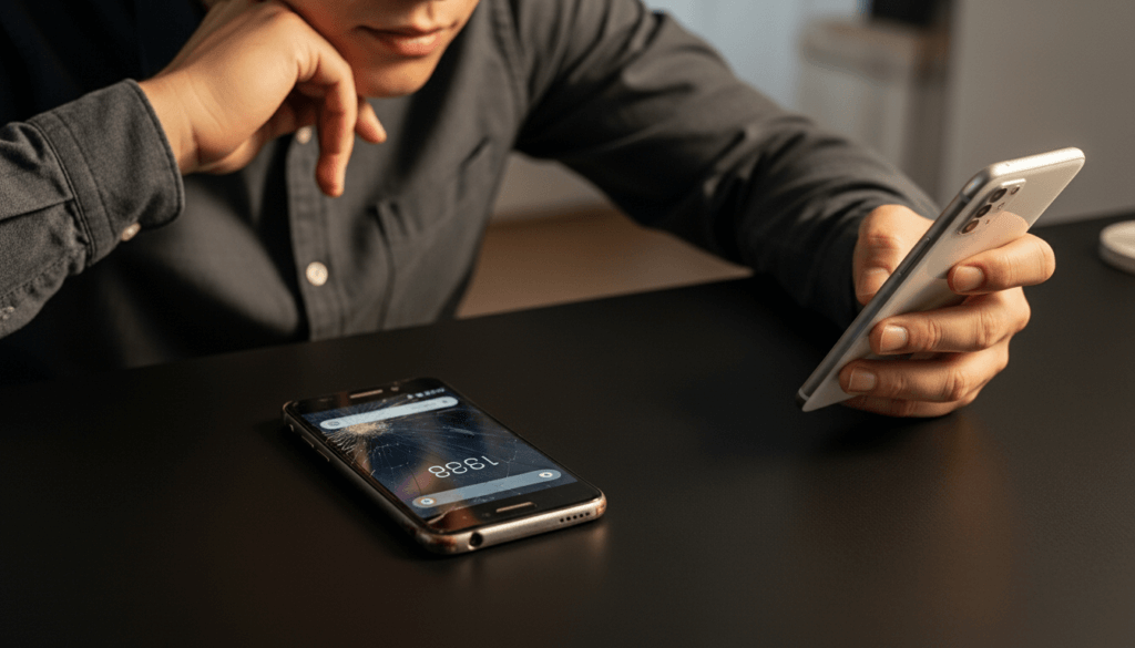 Person holding a white iPhone while a cracked smartphone lies on a black table.