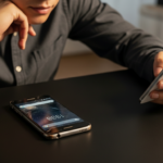 Person holding a white iPhone while a cracked smartphone lies on a black table.