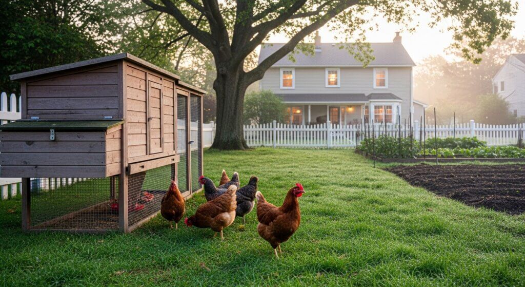 Chickens roaming near a wooden chicken coop in a backyard with a white picket fence and garden beds.