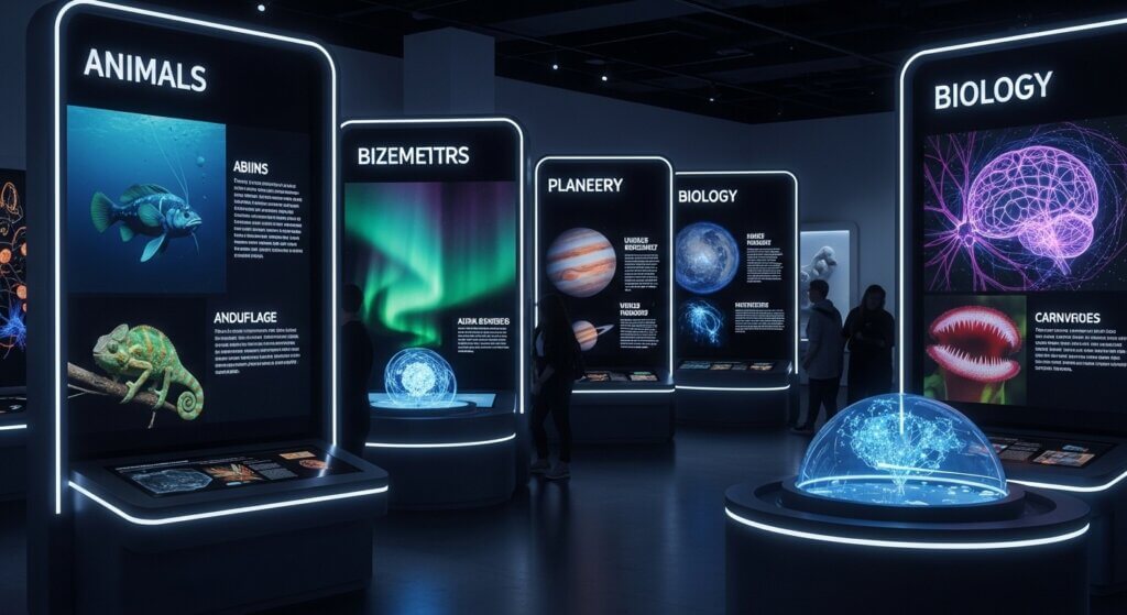Dark science museum exhibit with illuminated panels on animals, planets, biology, and a glowing globe display.