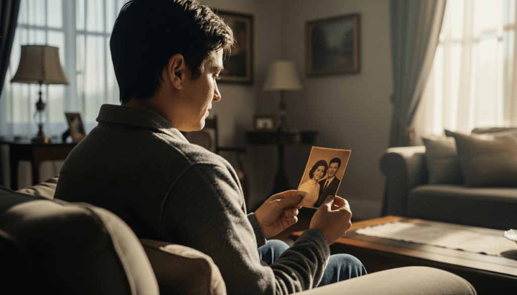 Man sitting on a couch looking at a vintage photo of a smiling couple in a living room with soft natural light