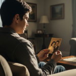 Man sitting on a couch looking at a vintage photo of a smiling couple in a living room with soft natural light