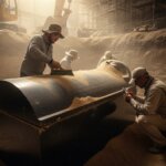 Archaeologists carefully cleaning and examining a large ancient sarcophagus in a dusty excavation site.