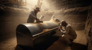 Archaeologists carefully cleaning and examining a large ancient sarcophagus in a dusty excavation site.