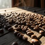 Roasted coffee beans scattered on a wooden table with steam rising in sunlight.