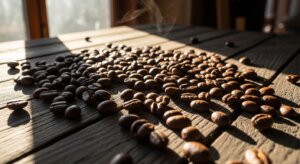 Roasted coffee beans scattered on a wooden table with steam rising in sunlight.