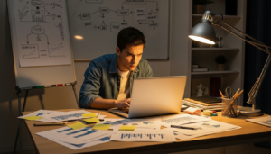 Young man working late on laptop surrounded by charts and notes in a dimly lit office