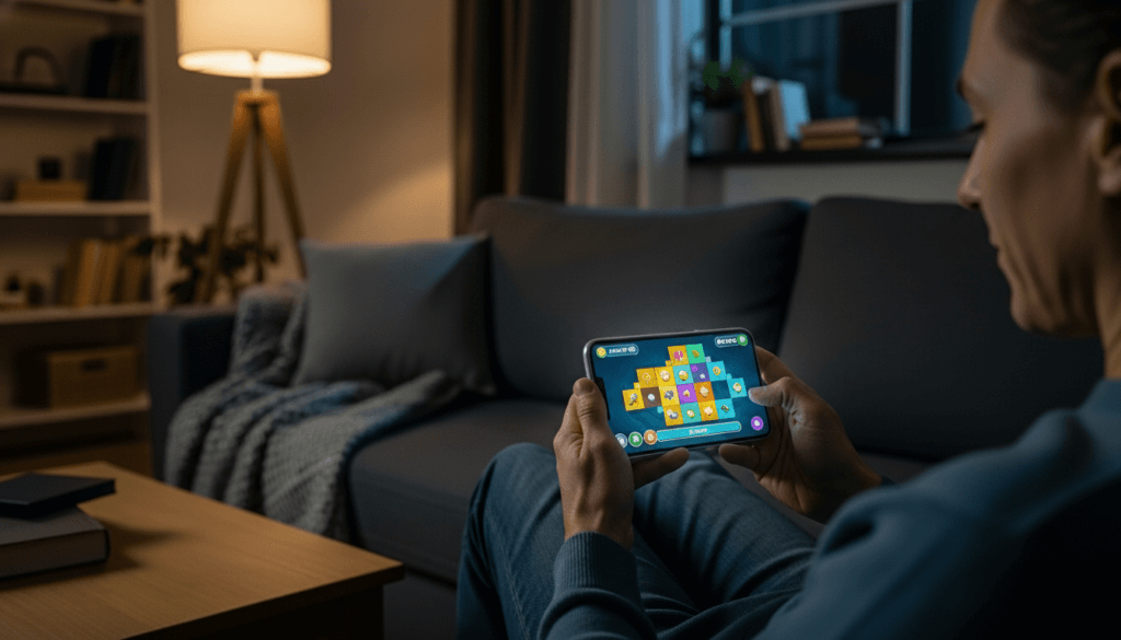 Person playing a colorful puzzle game on a smartphone while sitting on a couch in a dimly lit living room