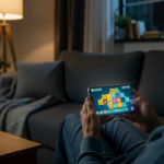 Person playing a colorful puzzle game on a smartphone while sitting on a couch in a dimly lit living room