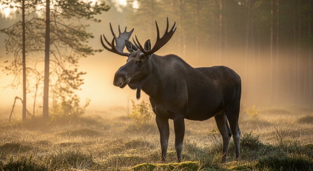 Bull moose standing in a misty forest clearing at sunrise.