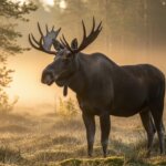 Bull moose standing in a misty forest clearing at sunrise.